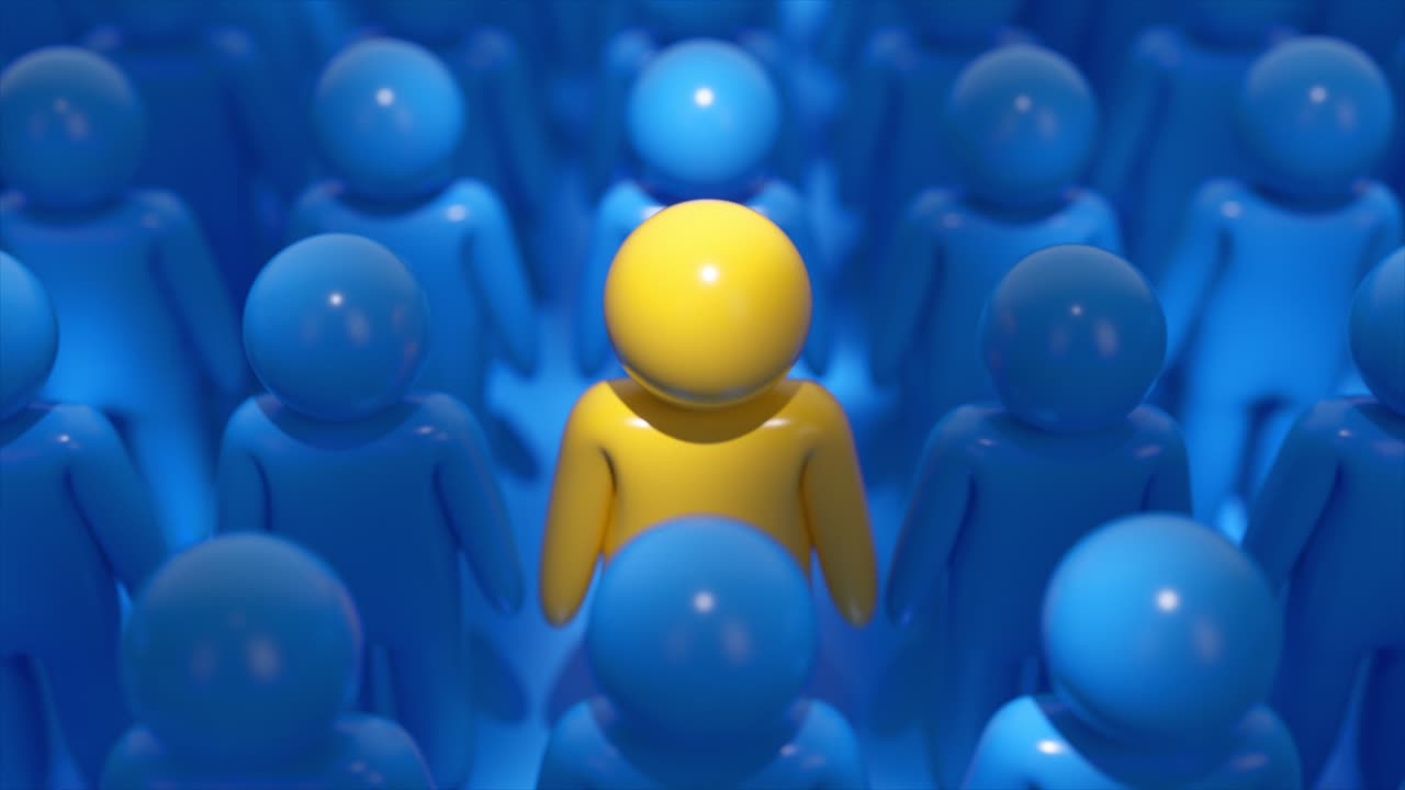 파란색 그림의 군중에서 노란색 그림