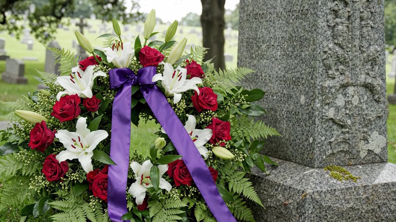 Un bellissimo omaggio floreale con rose rosse e gigli bianchi che circondano una tomba, che simboleggiano amore e ricordo in un sereno ambiente cimiteriale.