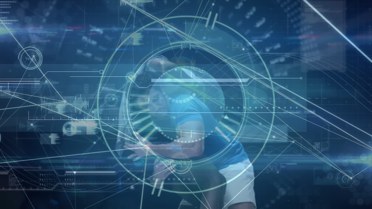 다양한 남성 럭비 선수들에 대한 연결 네트워크와 디지털 화면의 애니메이션