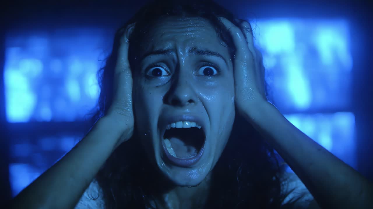 Anxiety and Desperation: A Distressed Woman Faces Overwhelming Fear in an Unsettling Atmosphere Captured in a Twisted Narrative of Terror and Psychological Suspense