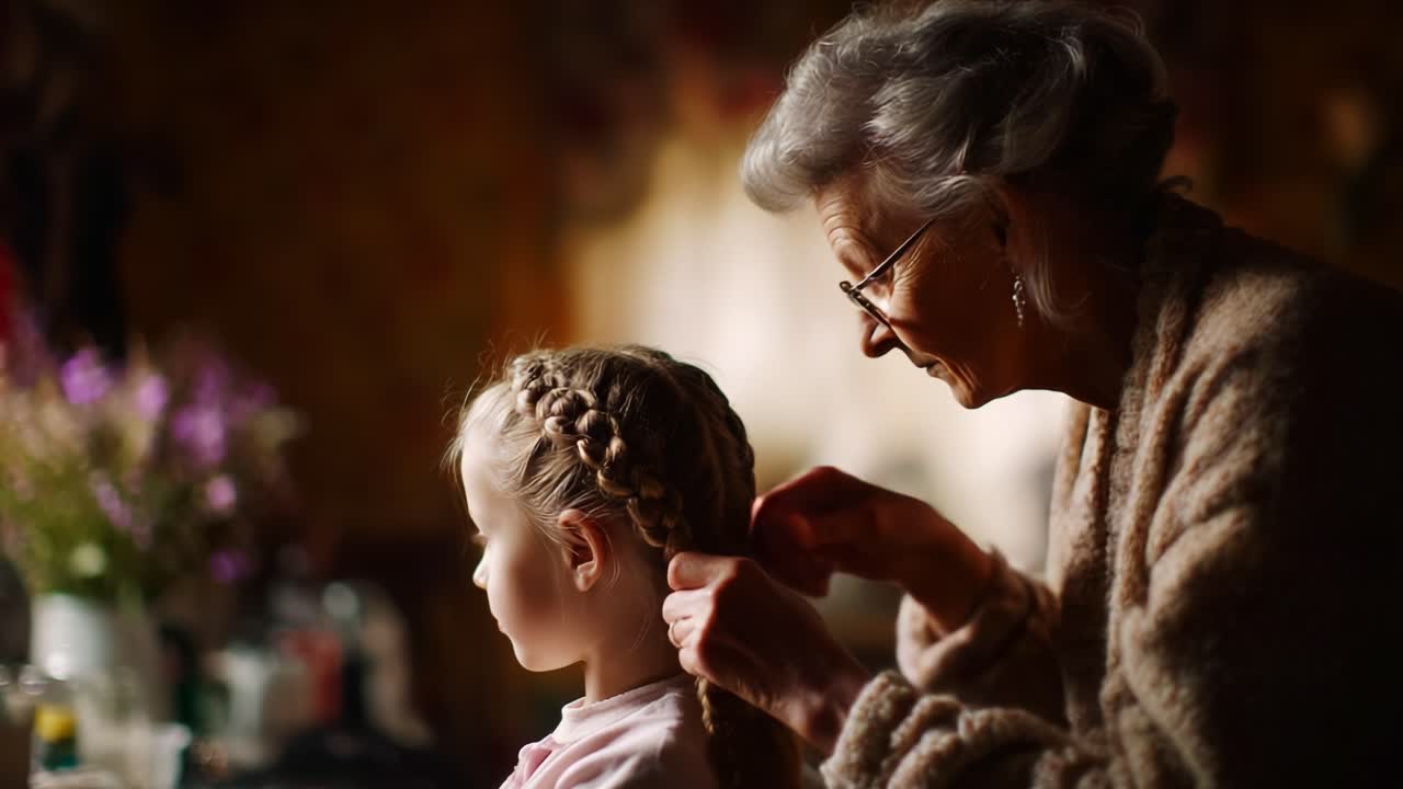 A Tender Moment of Connection: A Grandmother Styles Her Granddaughter's Hair with Love and Care in a Warm, Intimate Setting, Highlighting Generational Bonds and Cherished Memories