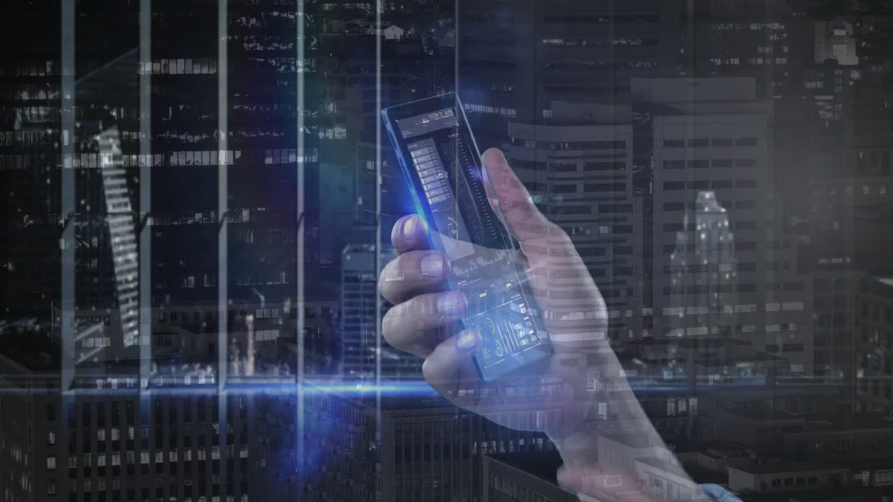 Hand holding smartphone projecting holographic data panels over nighttime city skyline in 3D render