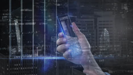hand holding smartphone projecting holographic data panels over nighttime city skyline in 3d render