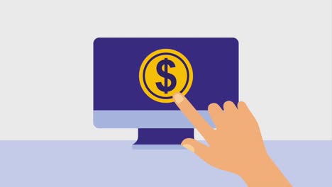 computadora haciendo clic con la mano moneda dólar en línea