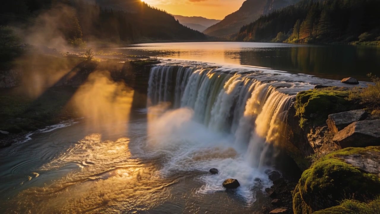 Sole che tramonta nella valle, causando uno spostamento della luce sulla cascata, acqua che si riversa in una pozza e nebbia che si dissolve.