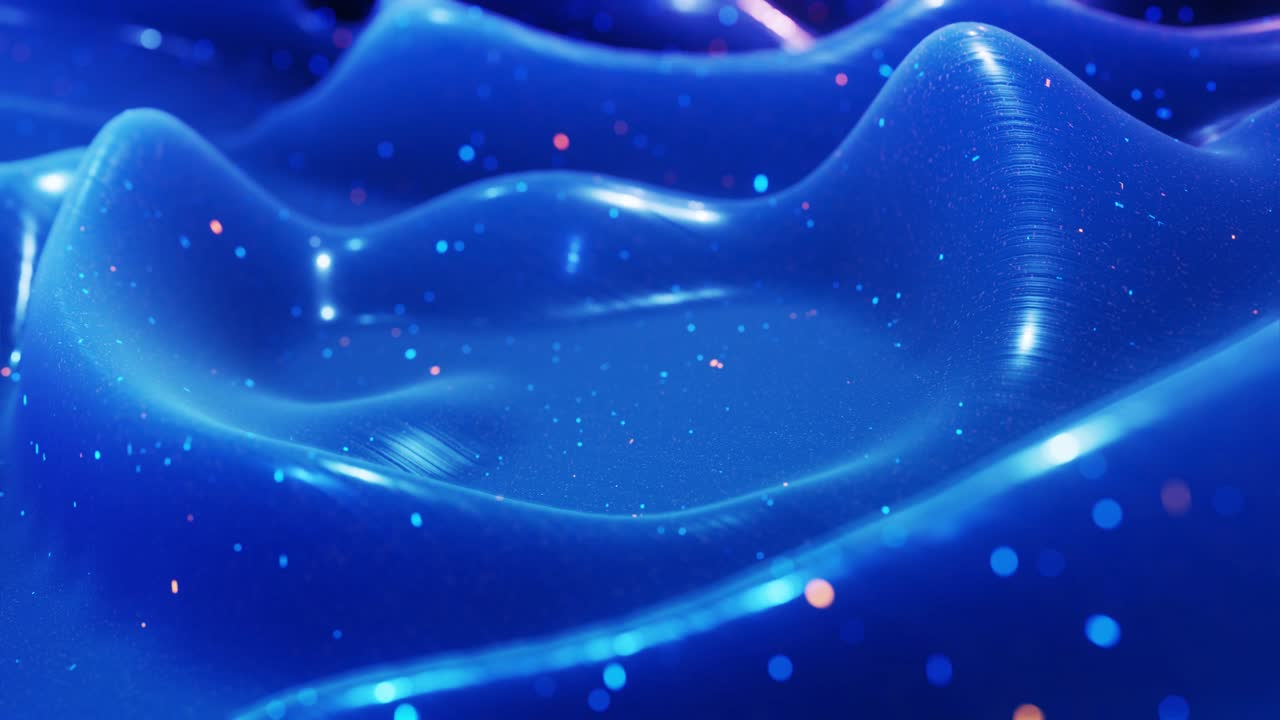 fantastical festive blue bg. Stylish abstract looped background, waves move on glossy surface like landscape made of liquid blue wax with sparkles. Beautiful soft background with smooth animation 4k