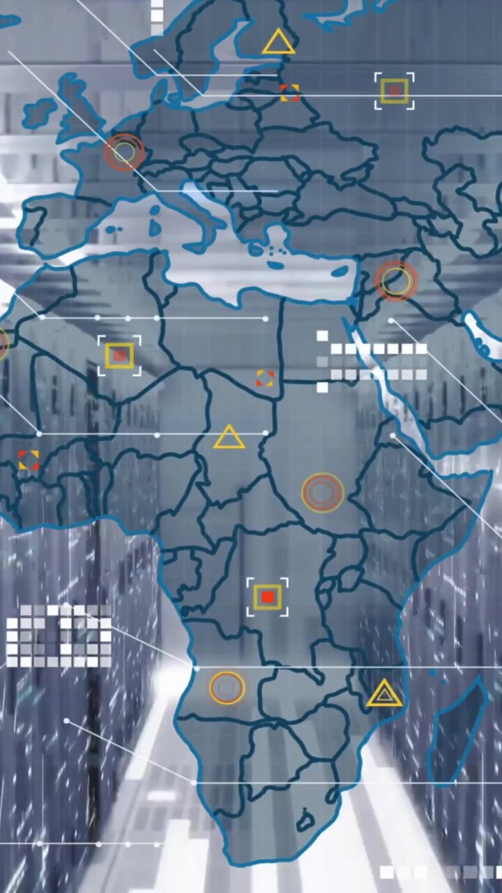 Animation of data processing and world map over computer servers