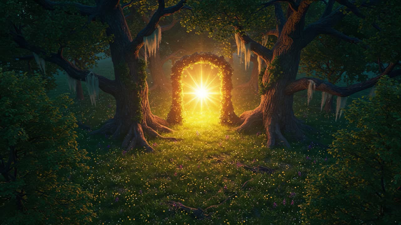 A Magical Portal Awaits: Enchanted Forest Scene with a Shimmering Gateway Illuminated by Sunlight Among Ancient Trees and Lush Greenery