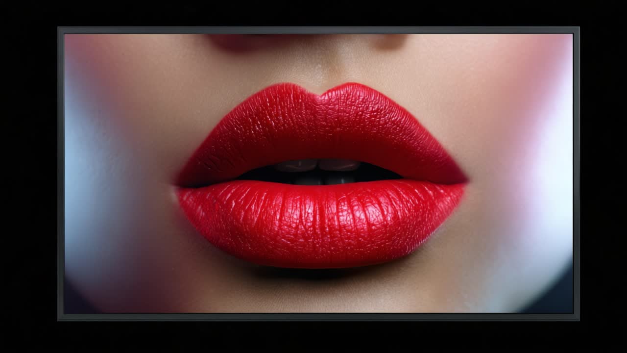 Primo piano accattivante di labbra rosso vivo che mette in mostra una bellezza glamour e tecniche di trucco sapienti in una presentazione visiva mozzafiato.