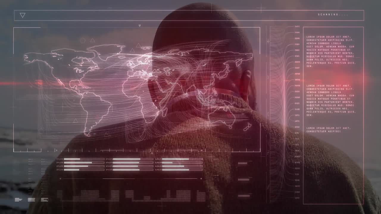 Animation of data processing and world map over man sitting at beach