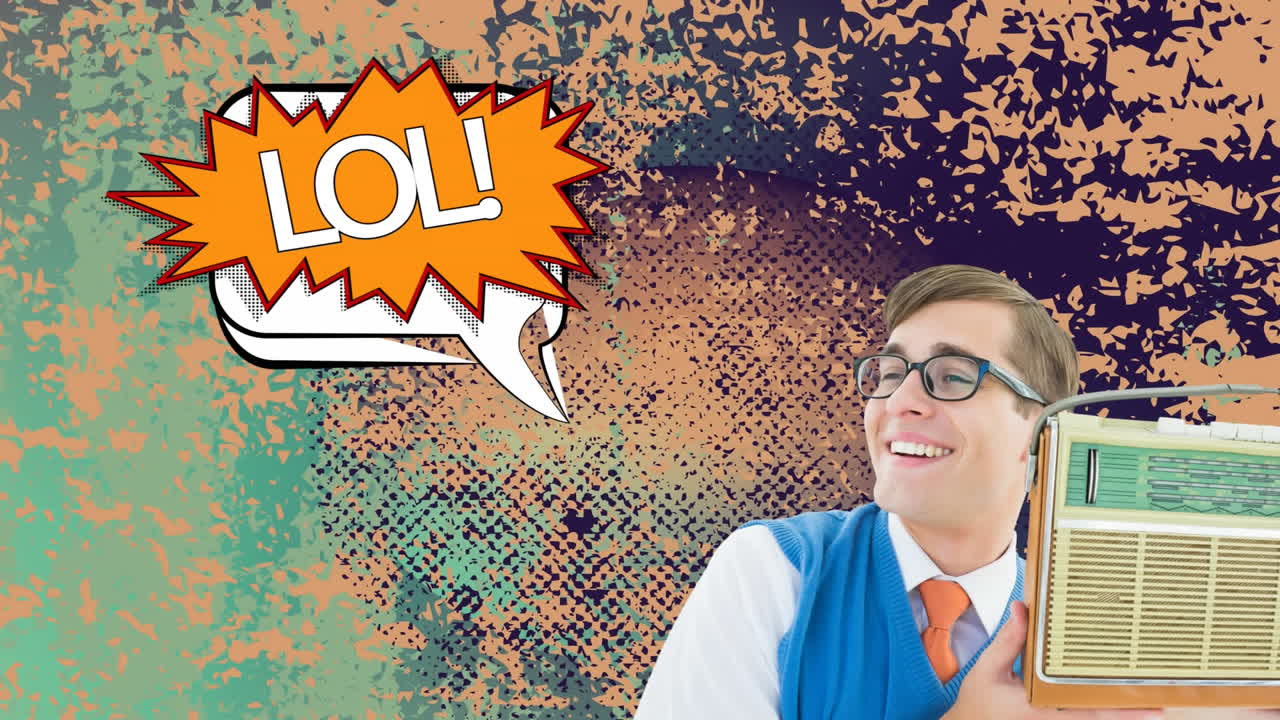 레트로 라디오를 들고 있는 미소 짓는 남자의 애니메이션, lol 불안한 배경에 있는 음성 거품에 대한 텍스트