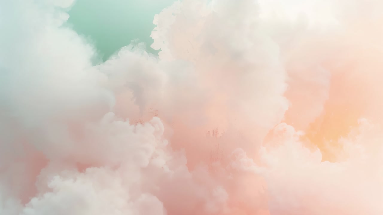 Drifting pastel cloud mass shifting in sky with teal patch, peach light warming, causing soft shift