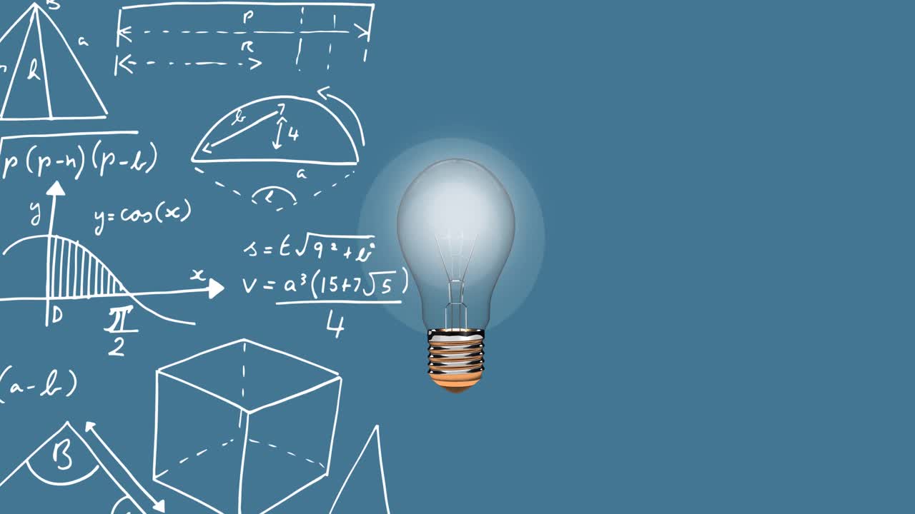 Animasi digital bola lampu mengambang di tengah persamaan matematika yang mengambang dengan latar belakang biru.