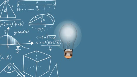 digital animation of bulb floating against mathematical equations floating on blue background