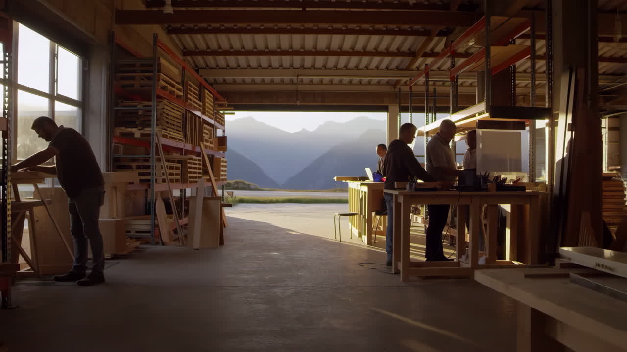 Workers in a spacious workshop with a scenic mountain view