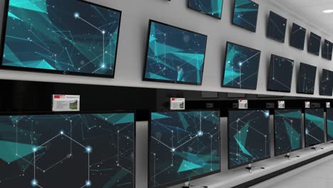 Animation-of-connections-over-wall-with-tv-screens