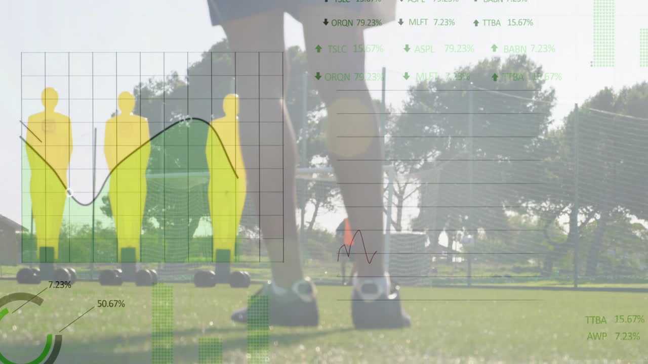 Overlaying animation of sports data and graphs, athlete training on grassy field