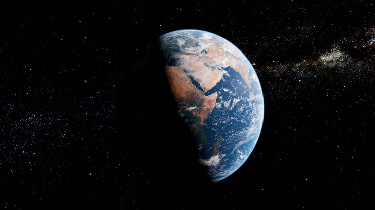 Rotazione della Terra nello Spazio - Splendida rivelazione del mondo nello spazio con transizione notte-giorno effetto eclissi e Galassia della Via Lattea sullo sfondo - Lento zoom indietro dall'orbita dell'Africa in 4K.