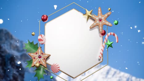 Animation-of-snow-and-christmas-decorations-around-blank-white-hexagonal-sign-over-winter-landscape