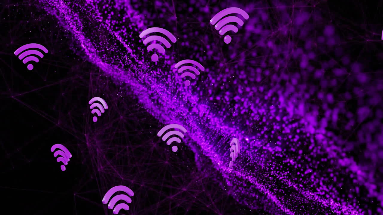 animación de iconos wifi sobre puntos de luz y red de conexiones en fondo negro