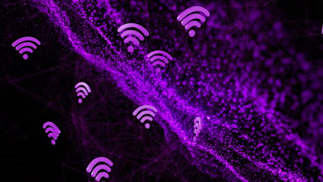 animación de iconos wifi sobre puntos de luz y red de conexiones en fondo negro