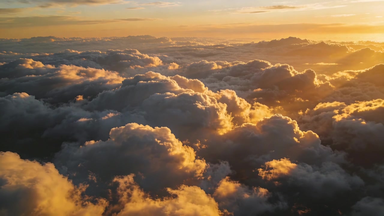 Drone in avvicinamento che rivela un denso campo di cumuli all'ora d'oro, con la luce del sole che scolpisce i contorni per creare giochi di luce.