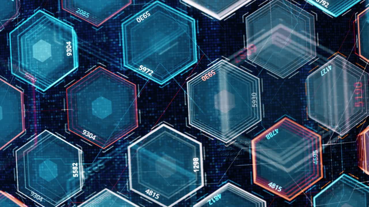 6각형의 추상적인 투명한 실루이 기하학적 그림의 다채로운 줄 앞에 흐르고 있습니다. 애니메이션. 회로판의 시각화, 원활한 루프.