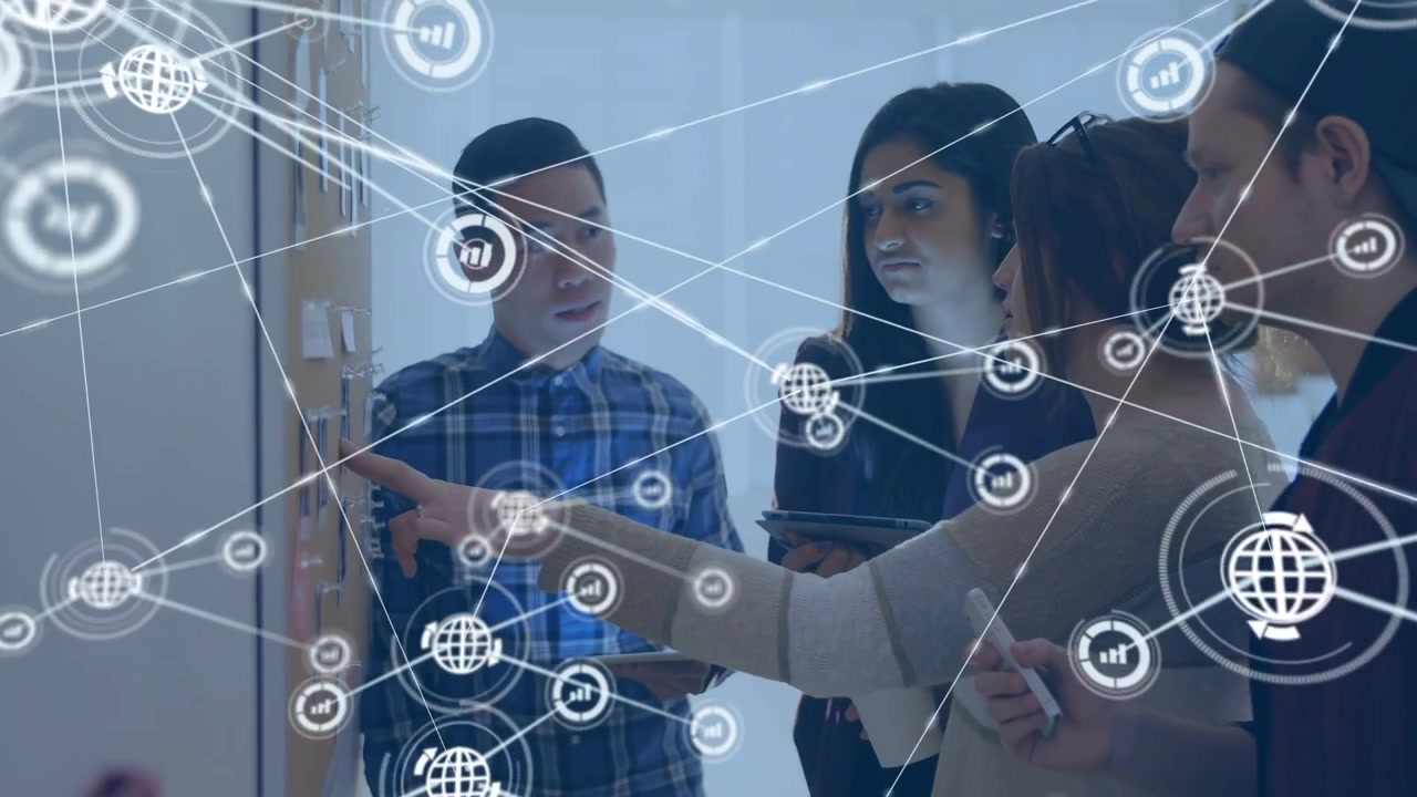 Team at board pointing at notes while network icons appearing over group, causing roadmap planning