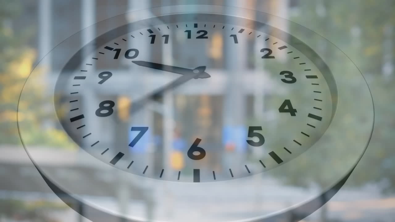 Animating clock over blurred cityscape background