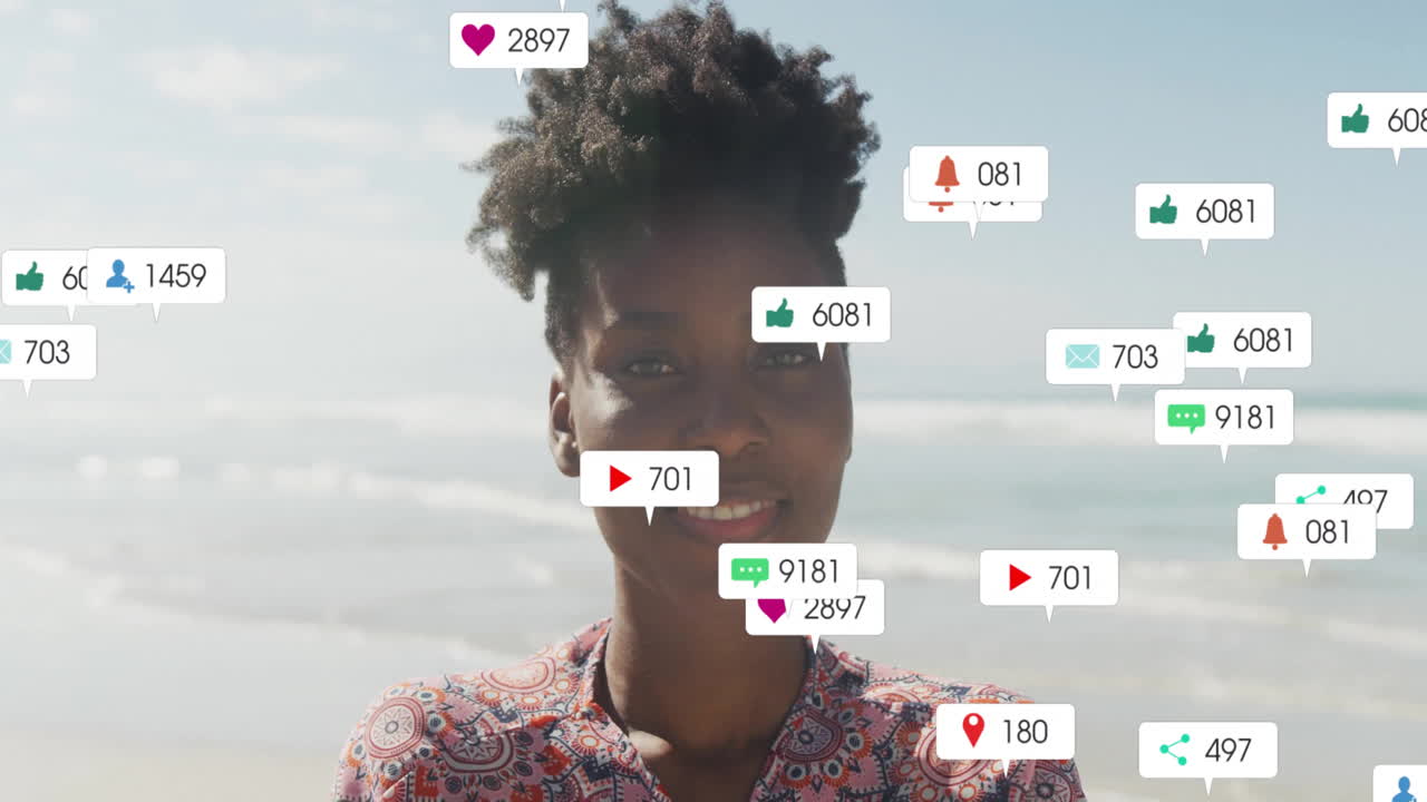 At beach, person smiling with animation of social media notifications appearing