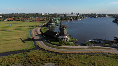 Aerial-Windmills-at-the-Zaanse-Schans,-Amsterdam,-Netherlands