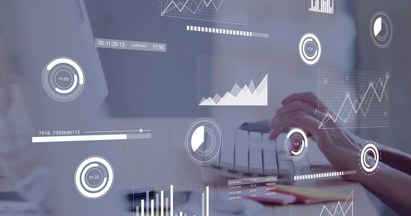 Hovering hands initiating typing on keyboard, updating graphs and charts showing rising metrics