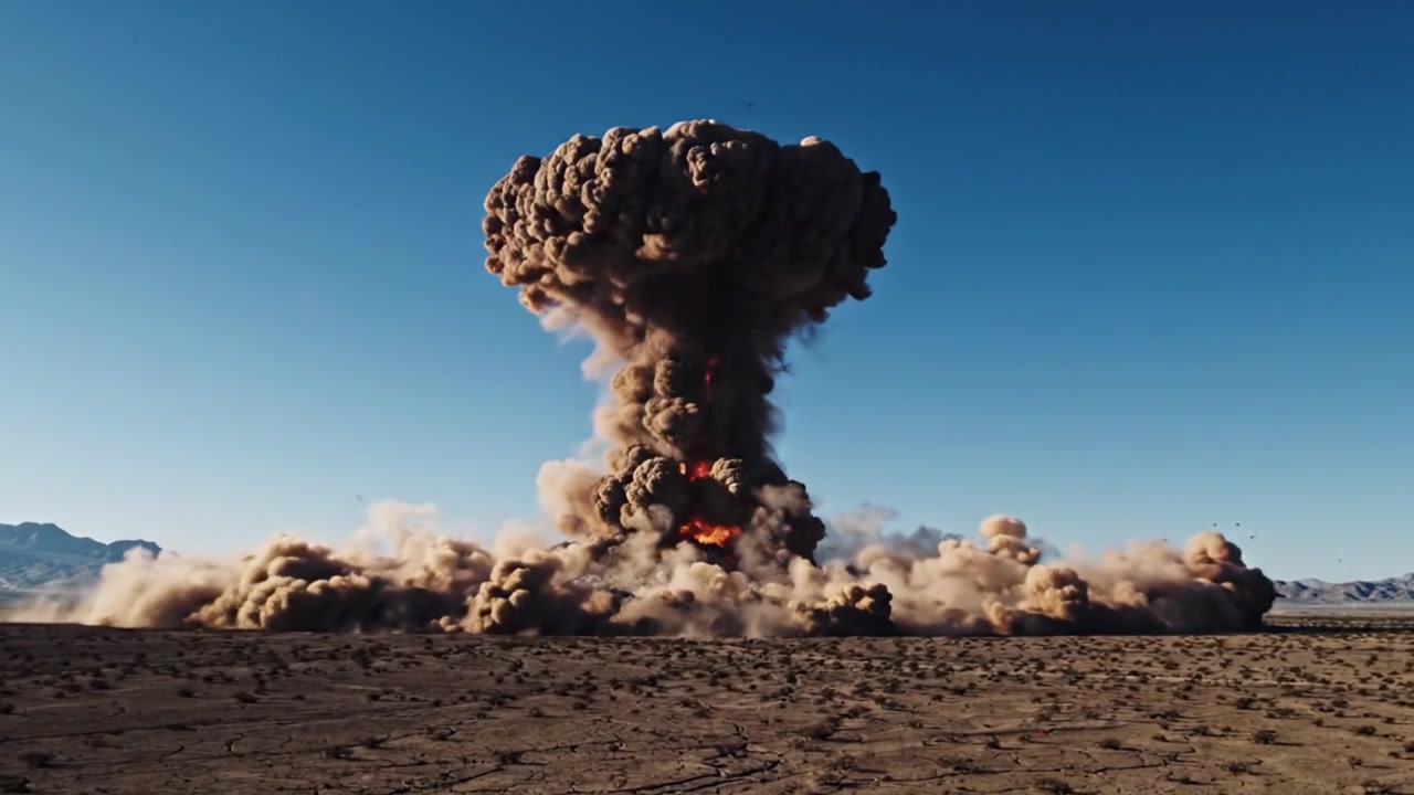 A Transformative Explosion: Capturing the Intensity of an Expansive Detonation Against a Desert Landscape, Highlighting the Power of Nature's Fury and Human Innovation