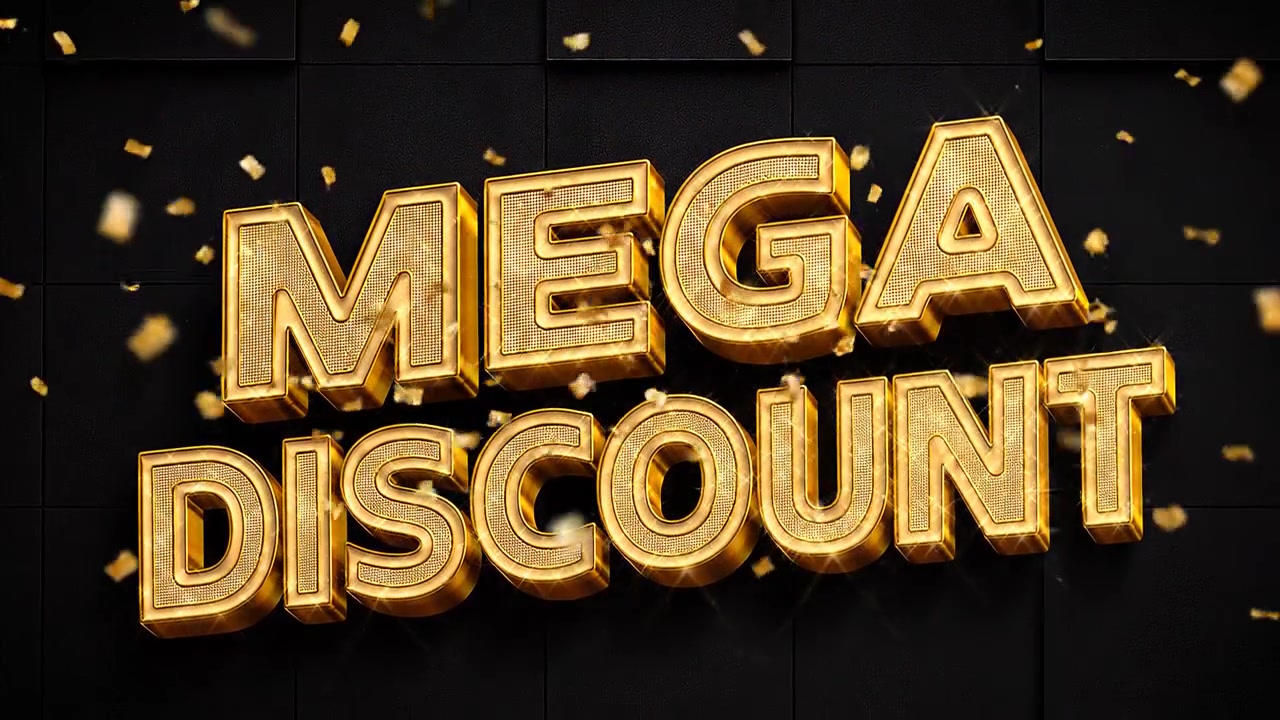 Golden Mega Discount Text Animation with Falling Confetti on Black Background