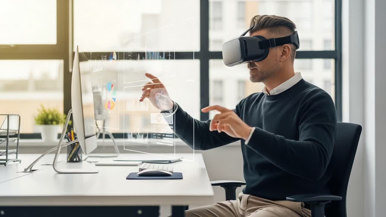 A Professional Engaged in Virtual Reality Interaction at His Desk, Utilizing Advanced Technology to Explore Data Visualizations and Enhance Productivity in a Modern Workspace