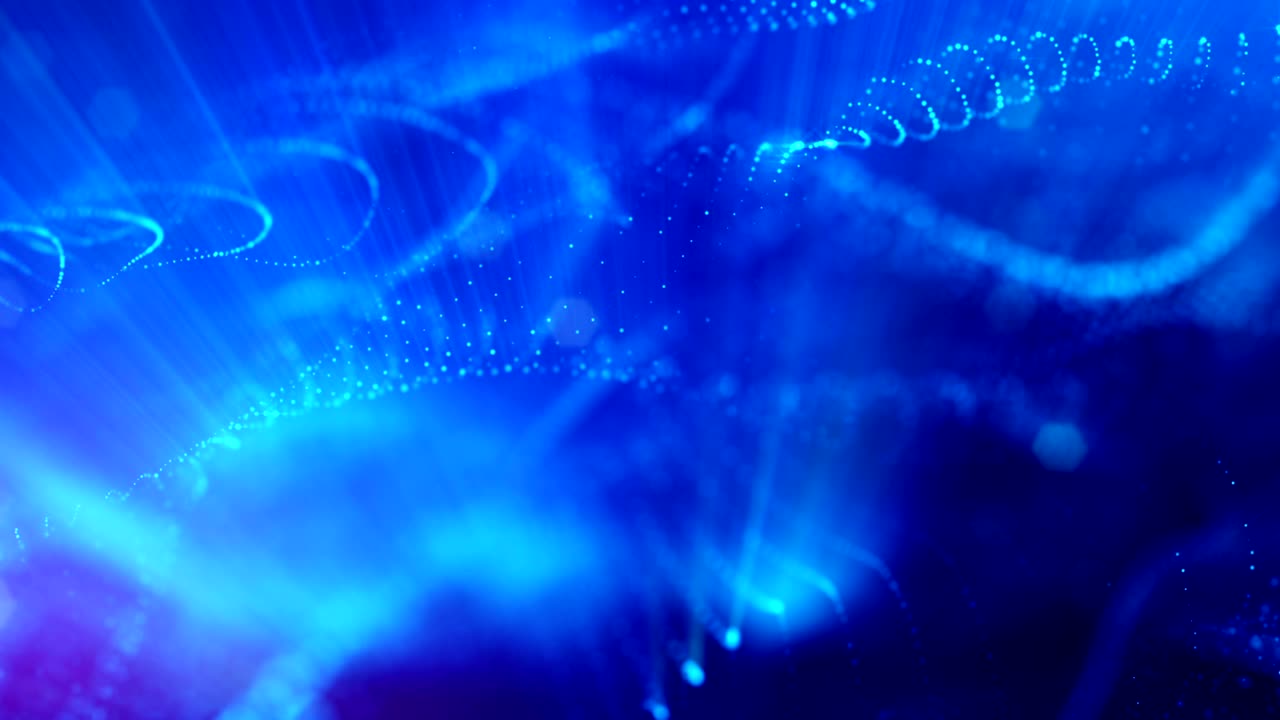 animación de bucle 3d como fondo de ciencia ficción de partículas brillantes con profundidad de campo y bokeh para bucle vj. las partículas forman línea y cuadrícula de superficie. v4 azul con rayos de luz