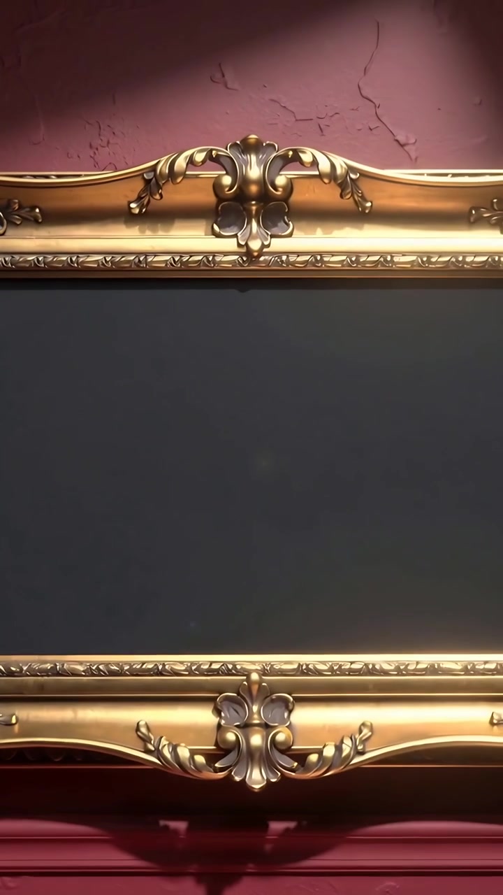 Video verticale: Telecamera che si allontana per rivelare una cornice dorata su una parete bordeaux mentre la luce si espande