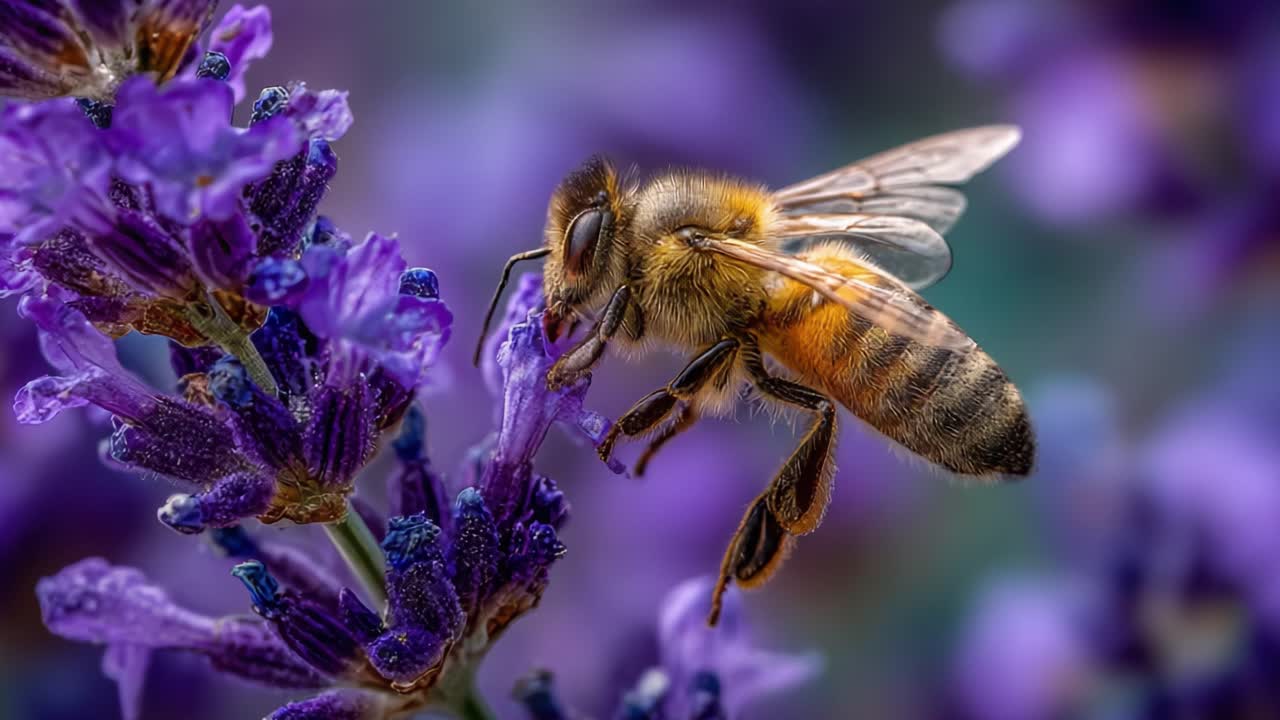 A Honey Bee Pollinating Lavender Flowers, Capturing the Intricate Beauty of Nature in Stunning Close-Up, Showcasing the Vital Role of Bees in Ecosystems
