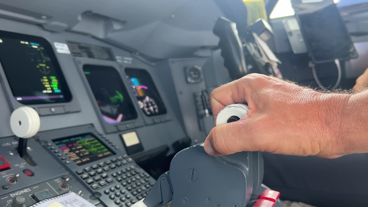 una vista interior de la cabina del avión, lado del capitán, desacelerando el avión durante el acercamiento para reducir la velocidad