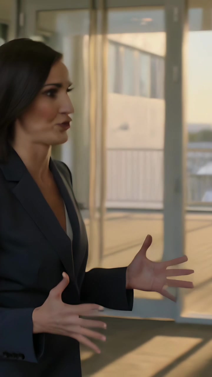 Vertical video: Opening mouth woman presenting and gesturing in blazer with glass walls, copy space