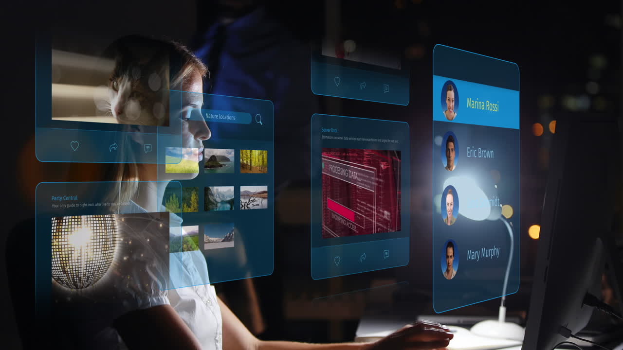animación de publicaciones en redes sociales y perfiles de personas en diversas personas de negocios que utilizan tabletas