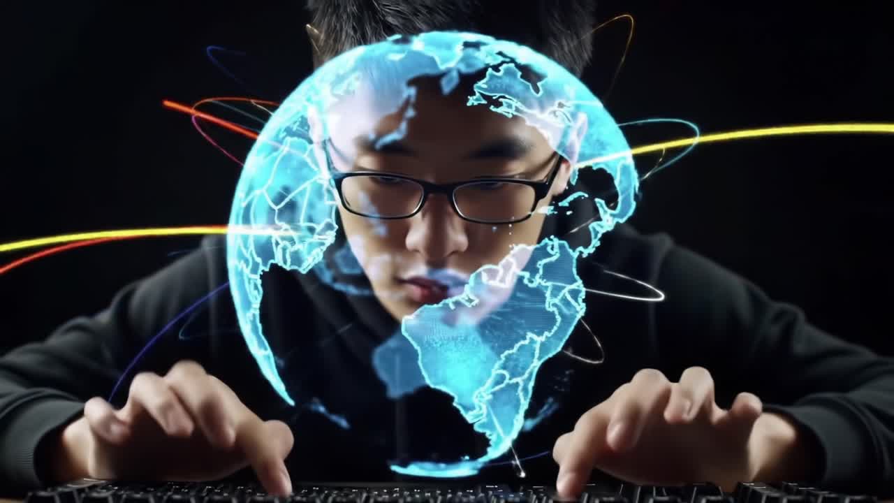 A Focused Programmer Engages with a Digital World, Visualizing Connectivity and Global Data Flow through a Futuristic Interface