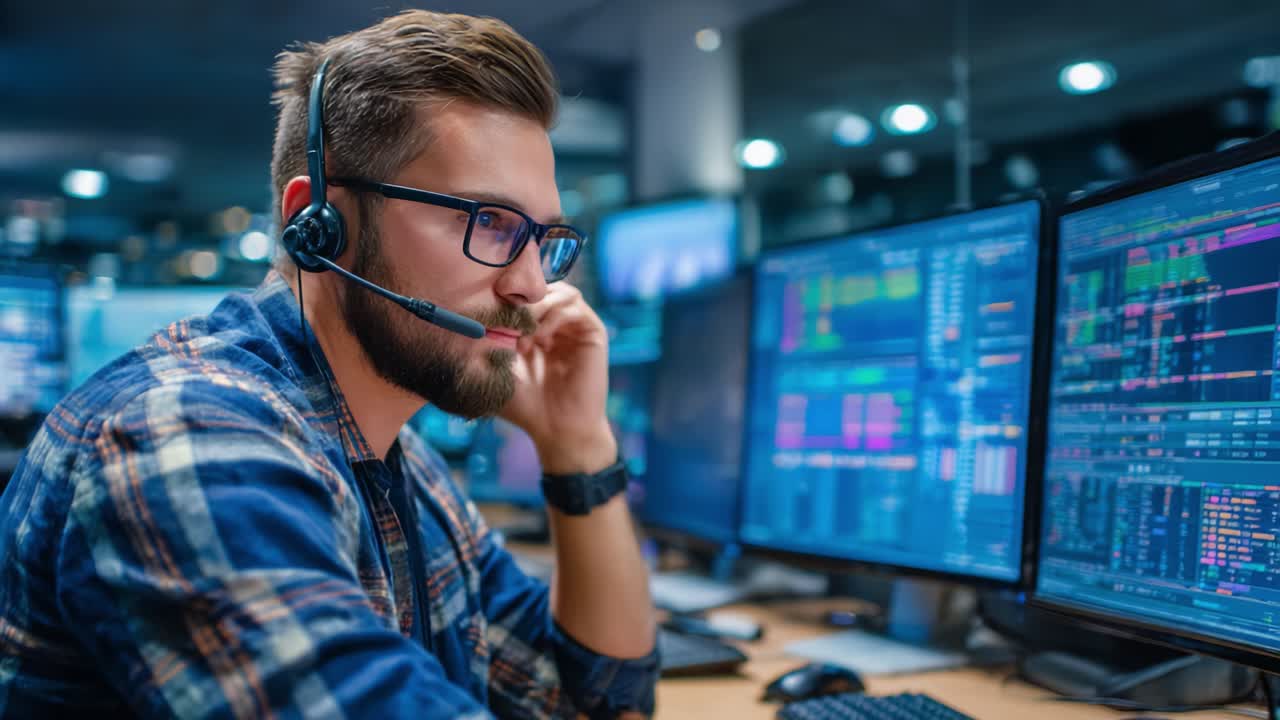 Focused Professional Analyzing Data on Multiple Screens in a High-Tech Environment, Utilizing Headset for Communication and Effective Problem-Solving Strategies