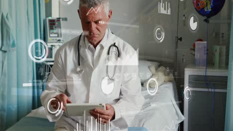 Animation-of-data-processing-against-caucasian-male-senior-doctor-using-digital-tablet-at-hospital