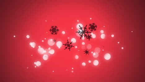 animación digital de copos de nieve y estrellas que se mueven contra puntos de luz sobre fondo rojo