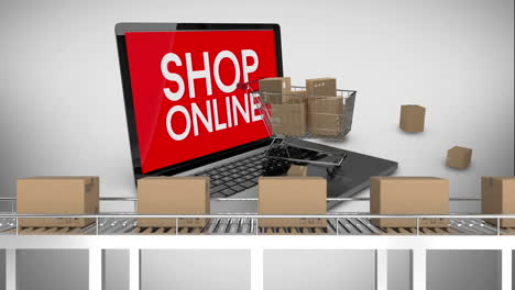 animación de una computadora portátil con tienda en línea escrita en una pantalla roja y cajas en fondo blanco