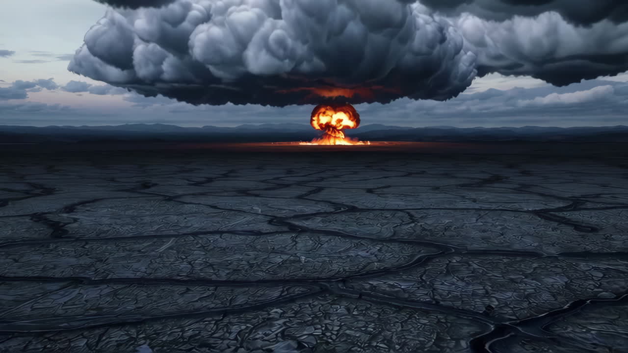 Esplosione nucleare su un paesaggio urbano desolato