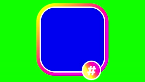 en un fondo verde, un marco cuadrado rosa brillante, con el signo hashtag debajo. dentro del marco fondo azul