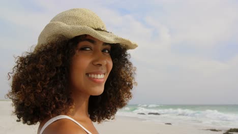 vista lateral de una mujer afroamericana de pie en la playa 4k