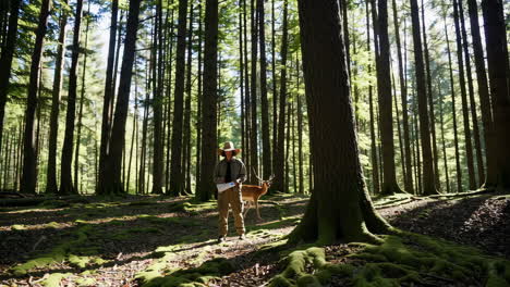 woman exploring a forest with a map and deer